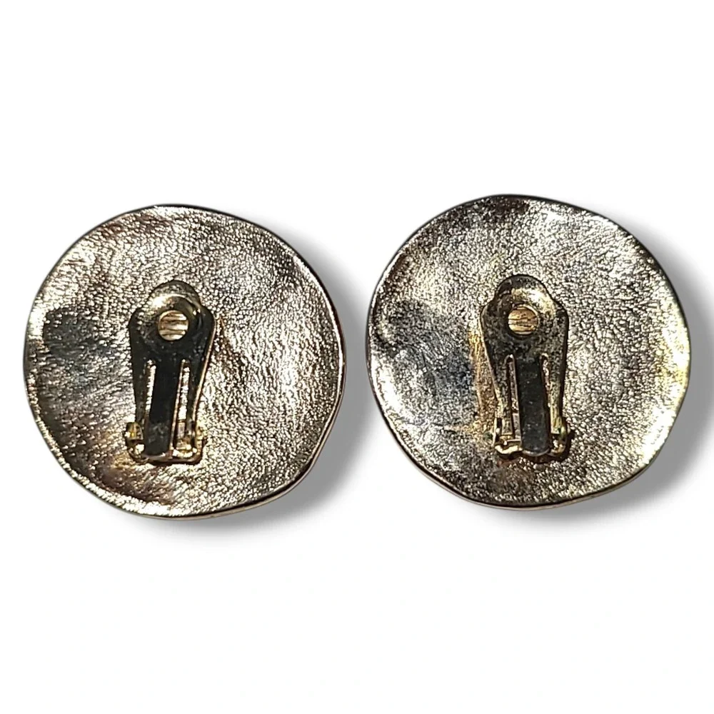 Vintage 80s Black Gold Clip On Earrings Round Abstract Textured Statement‎